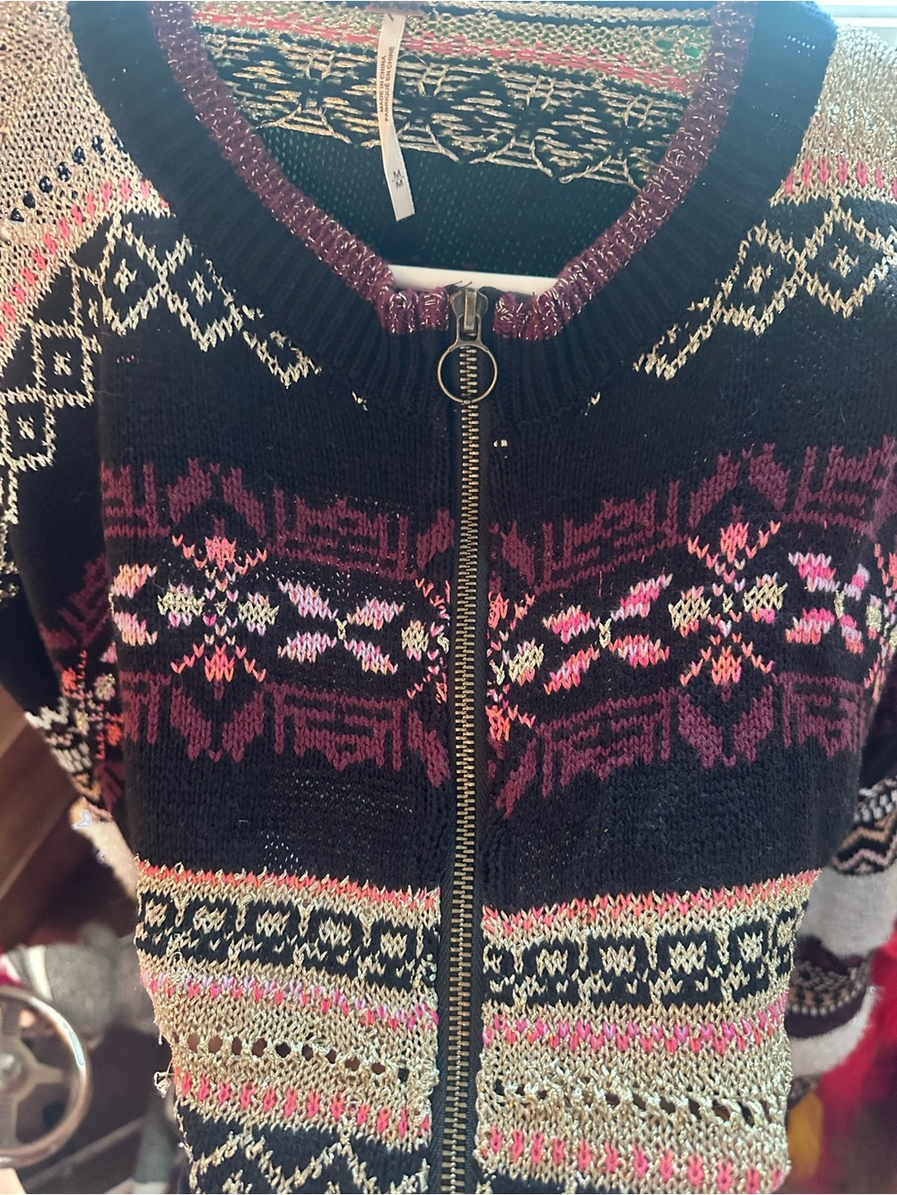 Free people Womens Black Patterned Zip-Front Sweater